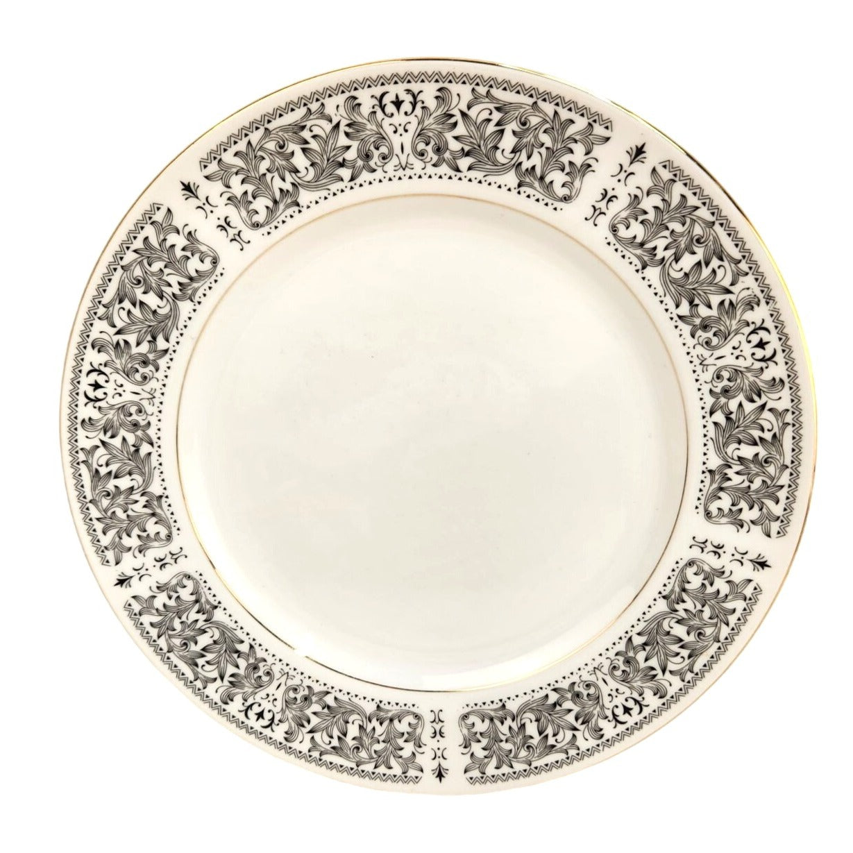 Royal Wentworth Ambassador 8692 Fine China Dinner Plates Set of 2 Black Floral Gold Trim Made in Japan 10 Inch Vintage