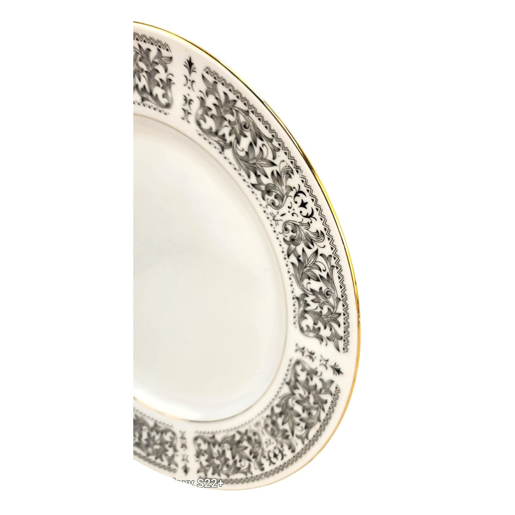 Royal Wentworth Ambassador 8692 Fine China Dinner Plates Set of 2 Black Floral Gold Trim Made in Japan 10 Inch Vintage