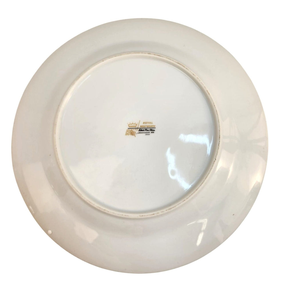 Royal Wentworth Ambassador 8692 Fine China Dinner Plates Set of 2 Black Floral Gold Trim Made in Japan 10 Inch Vintage