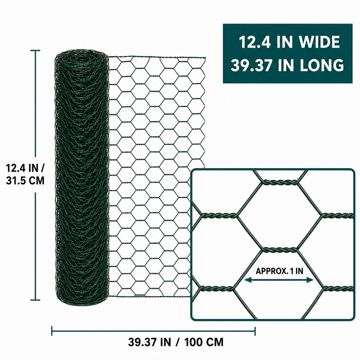 Dark green hexagonal wire mesh roll with dimension labels showing 12.4 inches wide by 39.