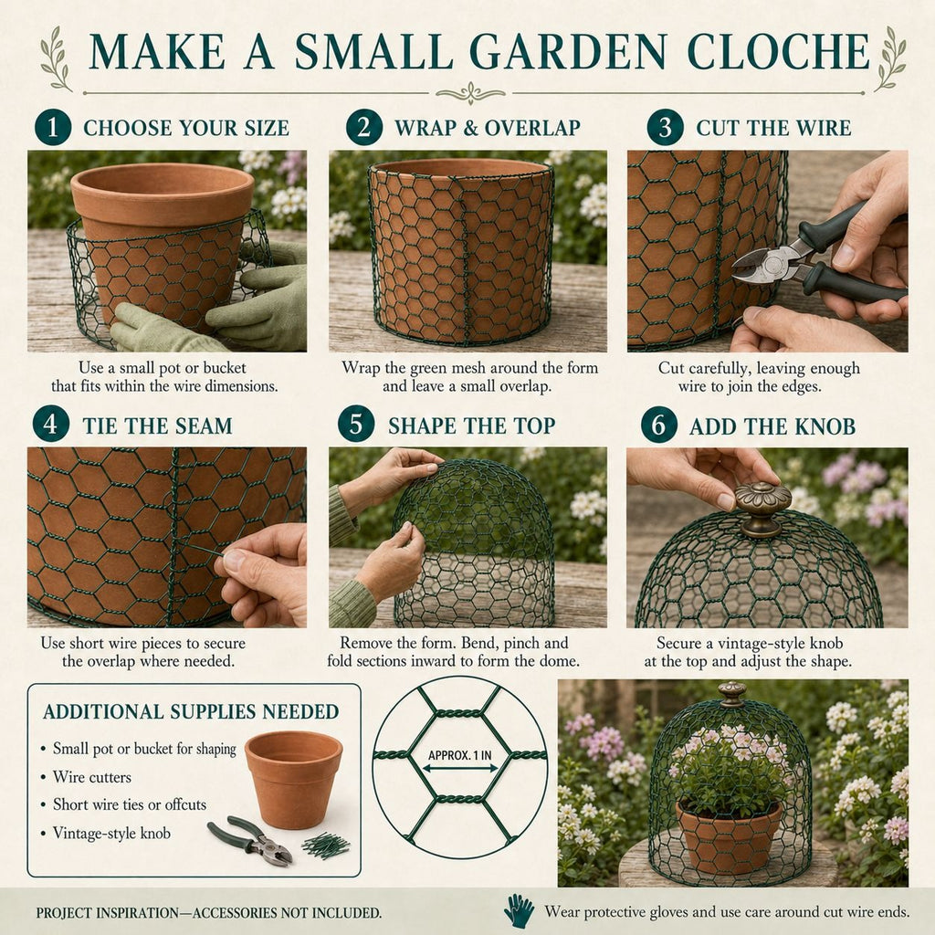 An instructional infographic titled 'MAKE A SMALL GARDEN CLOCHE' showing six numbered steps with photos of hands wrapping green mesh around a terracotta pot, joining wire ends, and securing a knob. The layout includes text instructions, a small pot illustration, and a potted plant example at the bottom.
