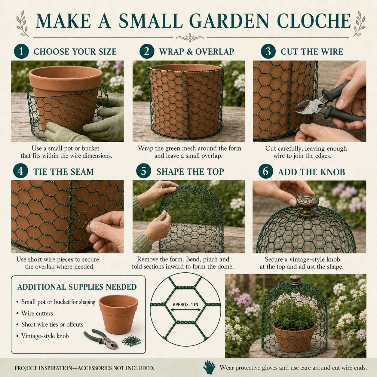 An instructional infographic titled 'MAKE A SMALL GARDEN CLOCHE' showing six numbered steps with photos of hands wrapping green mesh around a terracotta pot, joining wire ends, and securing a knob. The layout includes text instructions, a small pot illustration, and a potted plant example at the bottom.