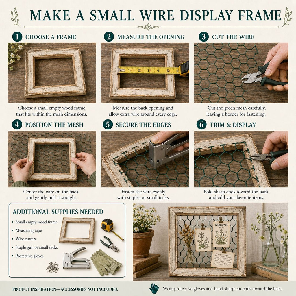 A step-by-step guide titled 'MAKE A SMALL WIRE DISPLAY FRAME' showing six numbered panels with hands assembling a small wire display frame, plus a supply list and a finished example display with small framed art.