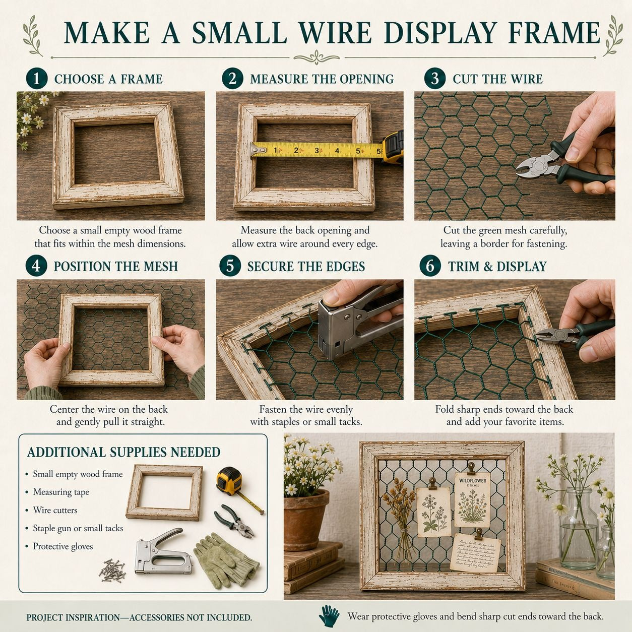 A step-by-step guide titled 'MAKE A SMALL WIRE DISPLAY FRAME' showing six numbered panels with hands assembling a small wire display frame, plus a supply list and a finished example display with small framed art.