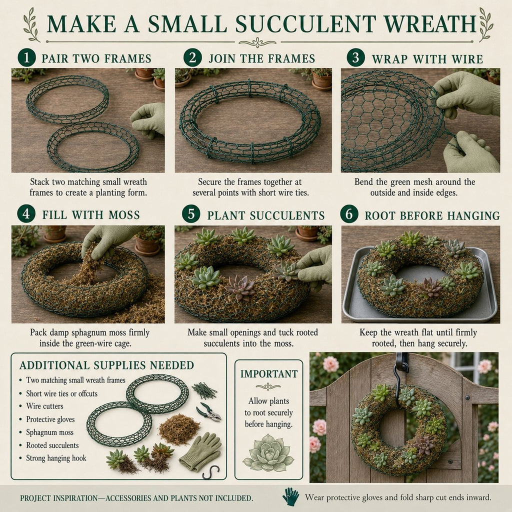 A step-by-step guide titled 'MAKE A SMALL SUCCULENT WREATH' showing six illustrated photos of hands making a green wire wreath with succulents and moss, plus a supplies panel and care tips.