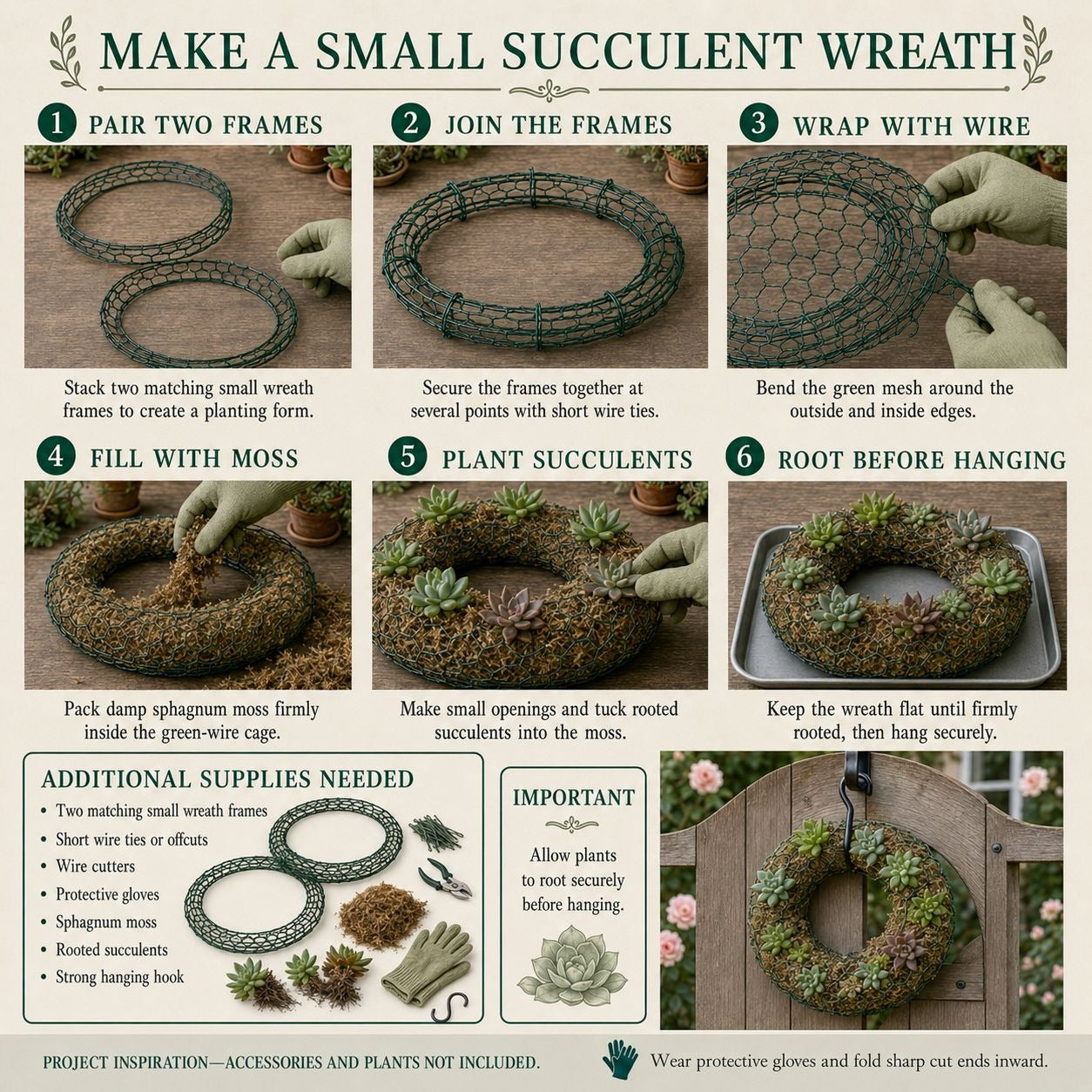 A step-by-step guide titled 'MAKE A SMALL SUCCULENT WREATH' showing six illustrated photos of hands making a green wire wreath with succulents and moss, plus a supplies panel and care tips.