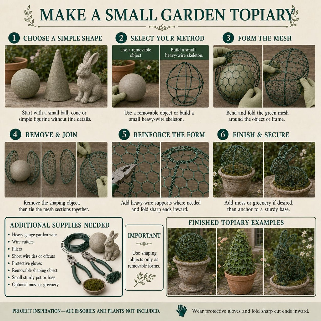 A step-by-step guide titled 'MAKE A SMALL GARDEN TOPIARY' with numbered panels showing how to shape, wrap, and secure greenery in a wire frame, plus a supplies section and finished example photos.