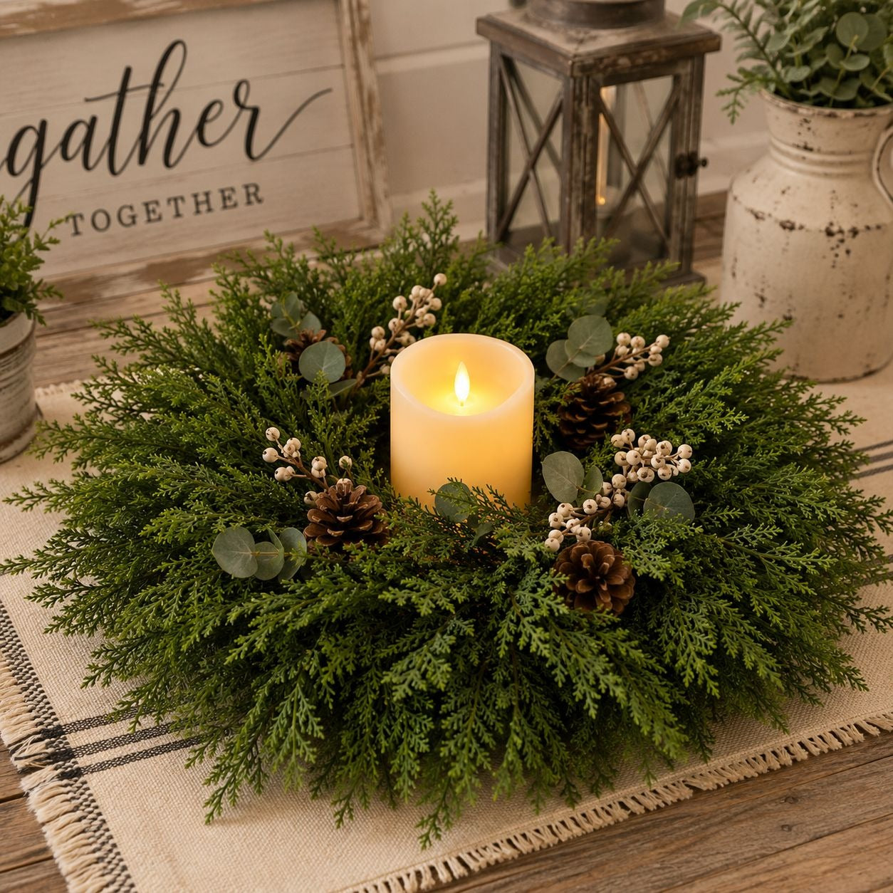 Decorative wreath with a candle surrounded by greenery on a wooden surface.