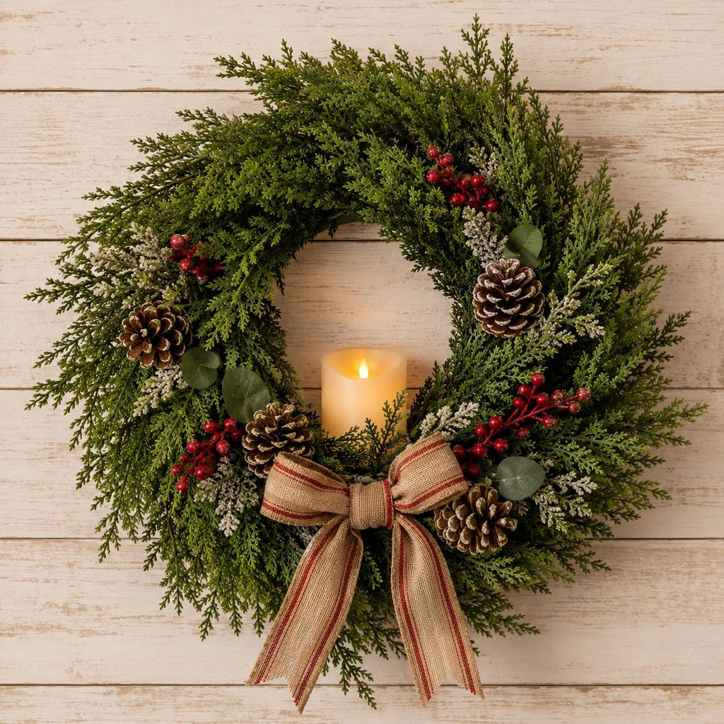 Christmas wreath with pine cones, berries, and a candle on a wooden background