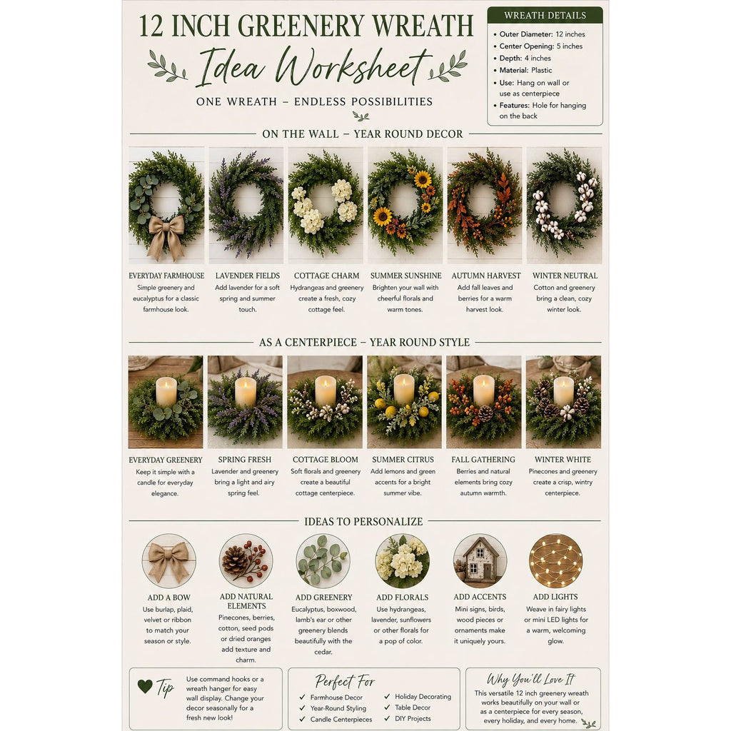12 Inch Greenery Wreath Idea Worksheet with various wreath designs and customization options.