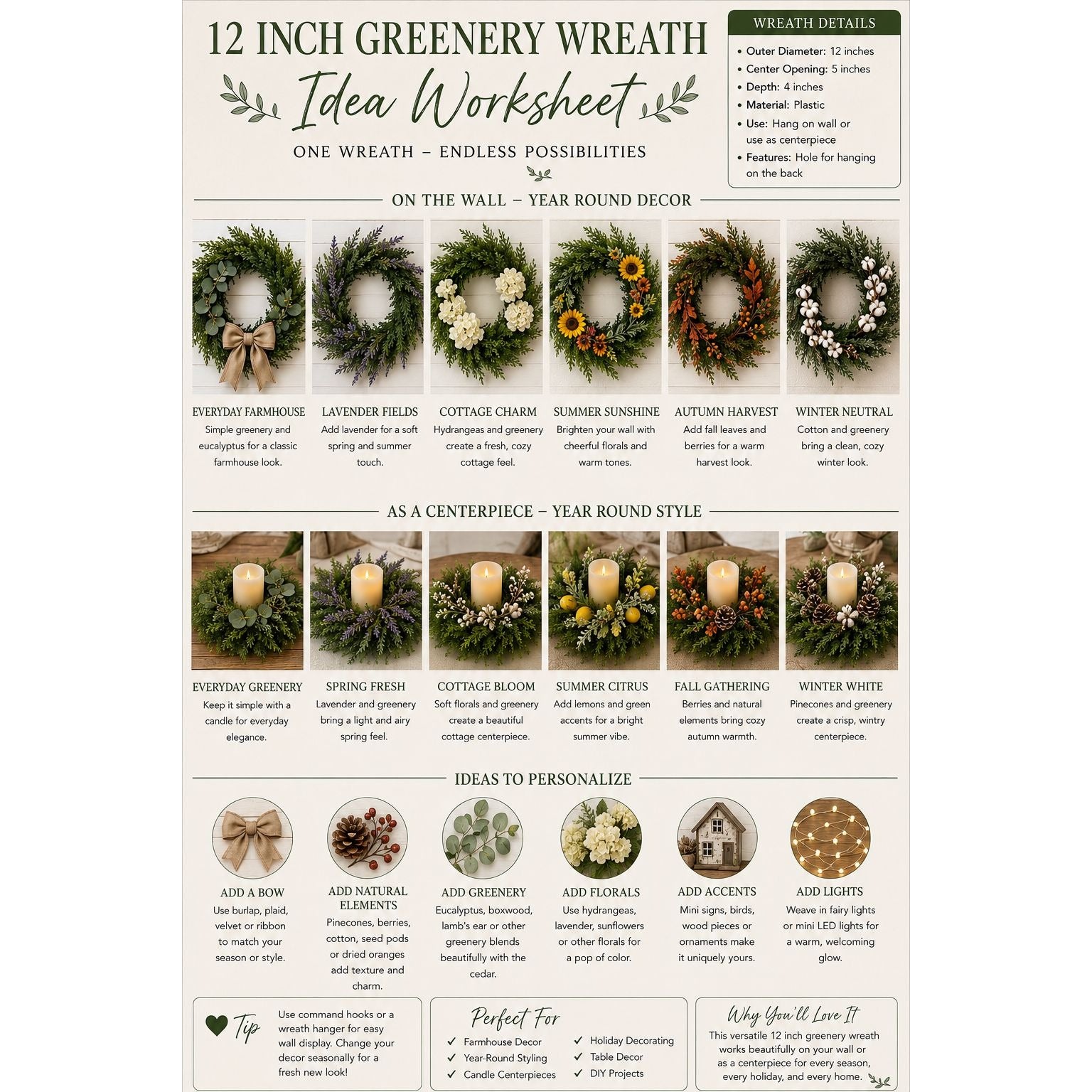 12 Inch Greenery Wreath Idea Worksheet with various wreath designs and customization options.