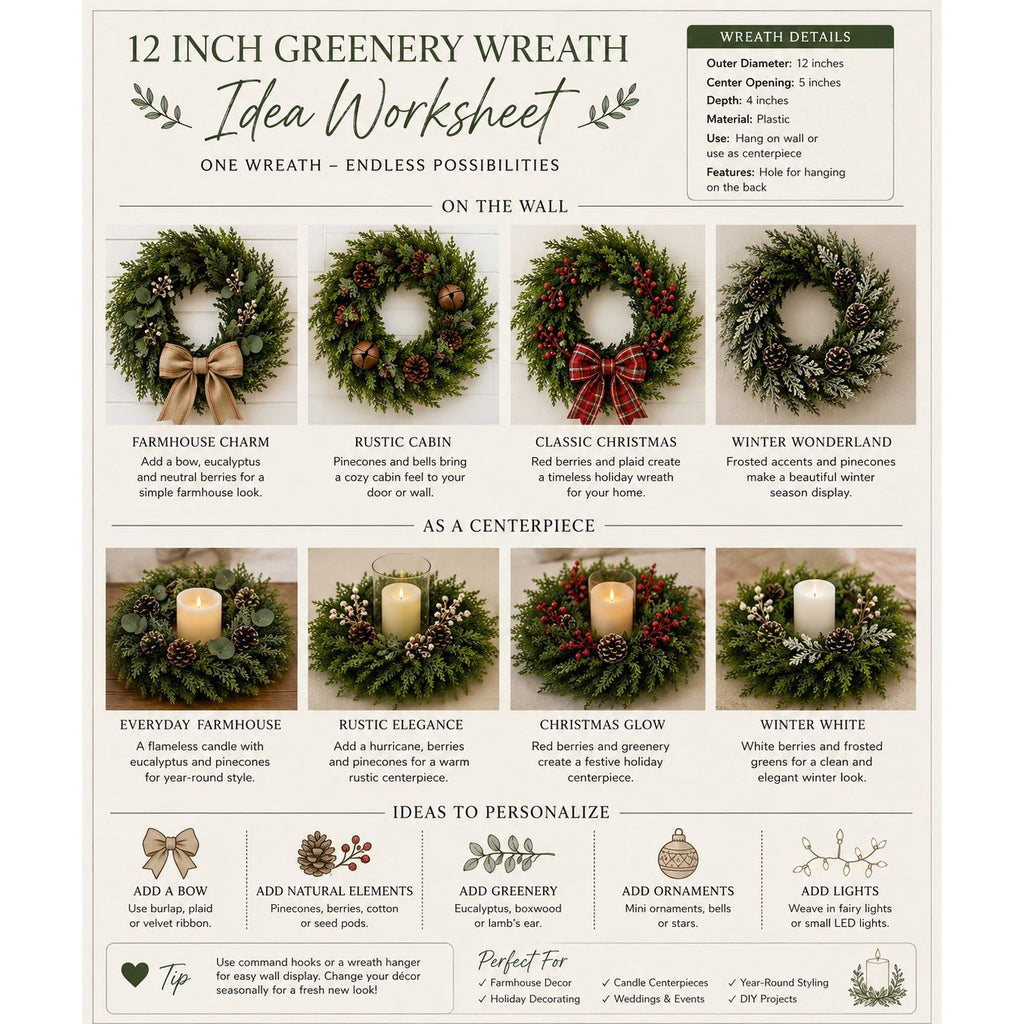 12-inch greenery wreath idea worksheet with various design options and tips.
