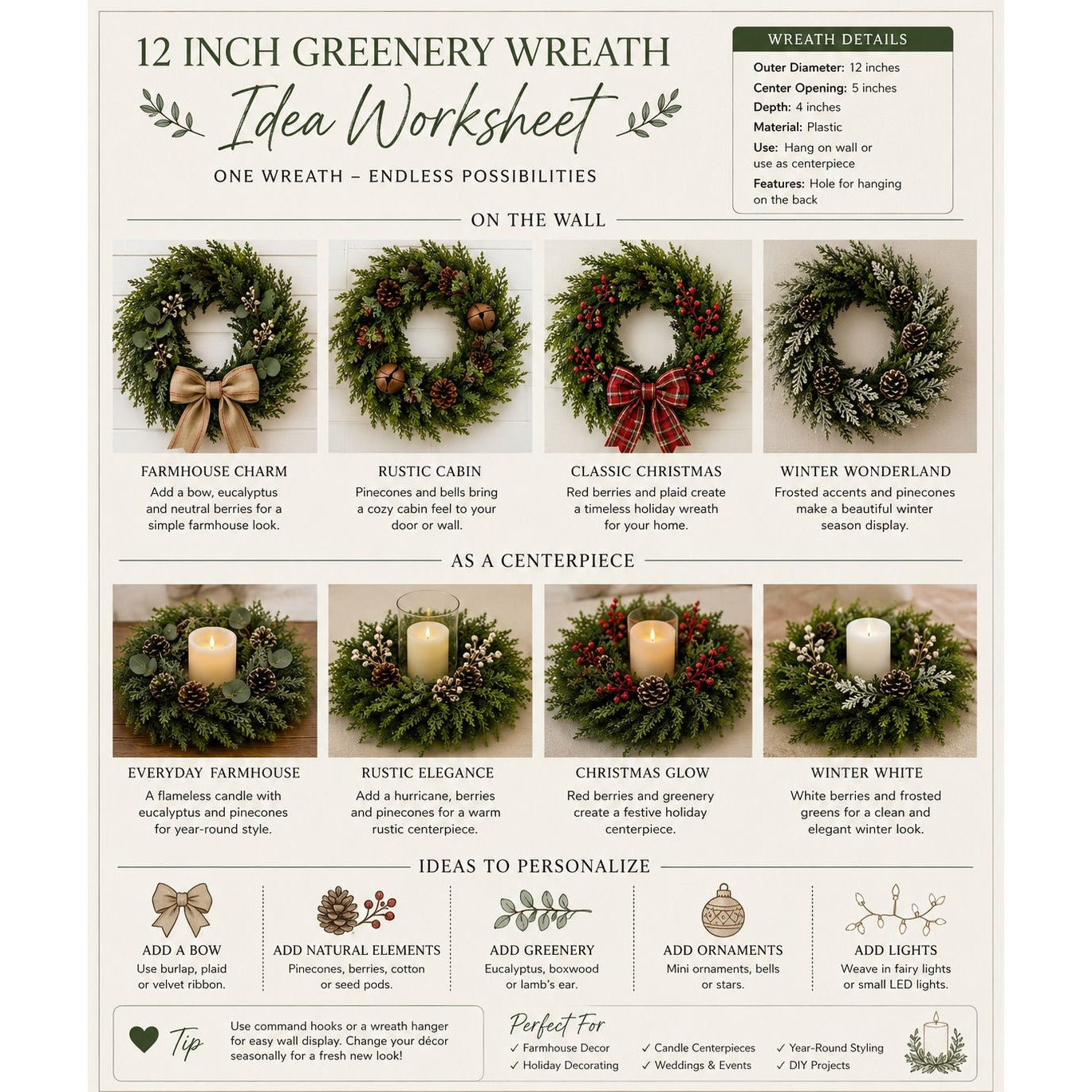 12-inch greenery wreath idea worksheet with various design options and tips.