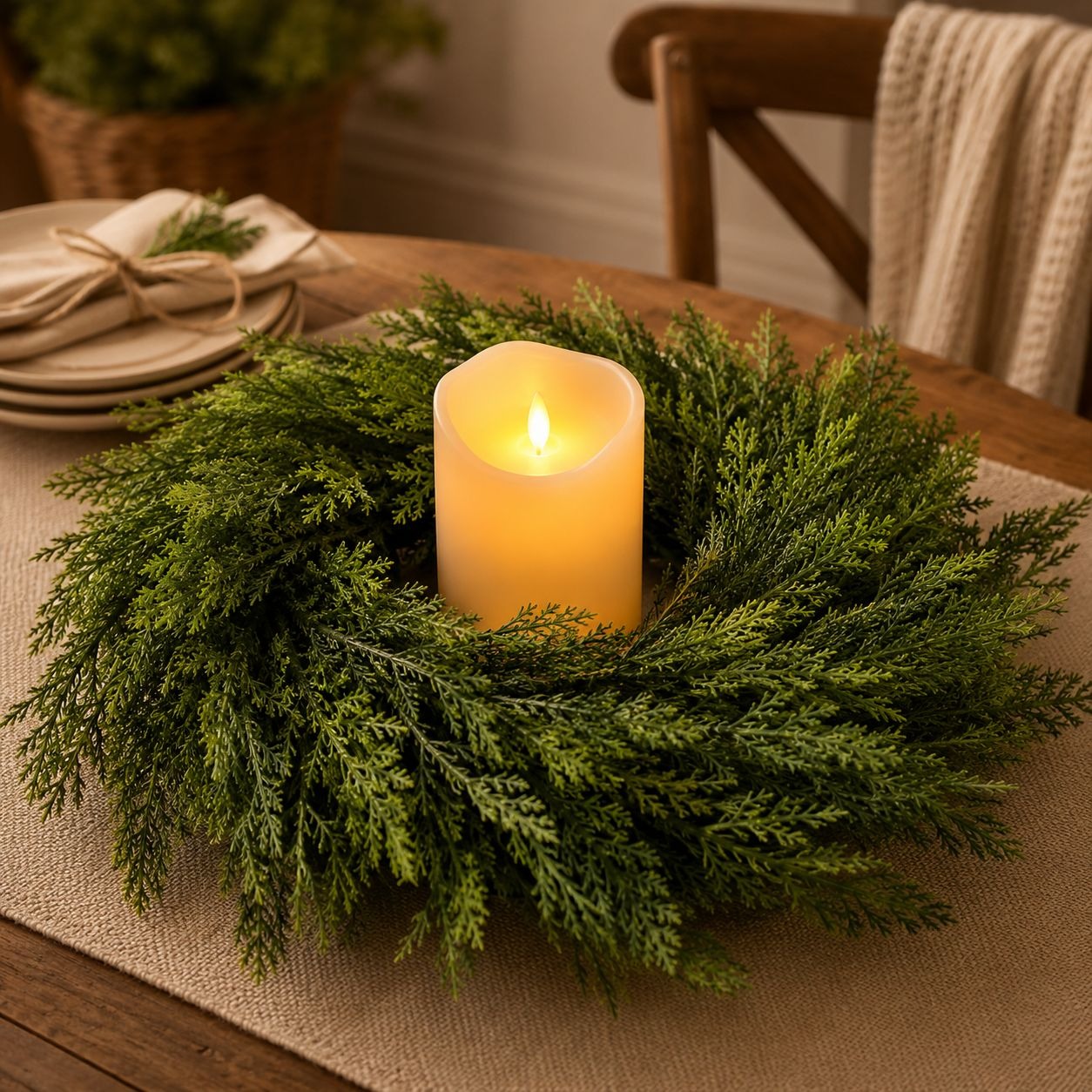 Decorative green wreath with a candle on a table setting.