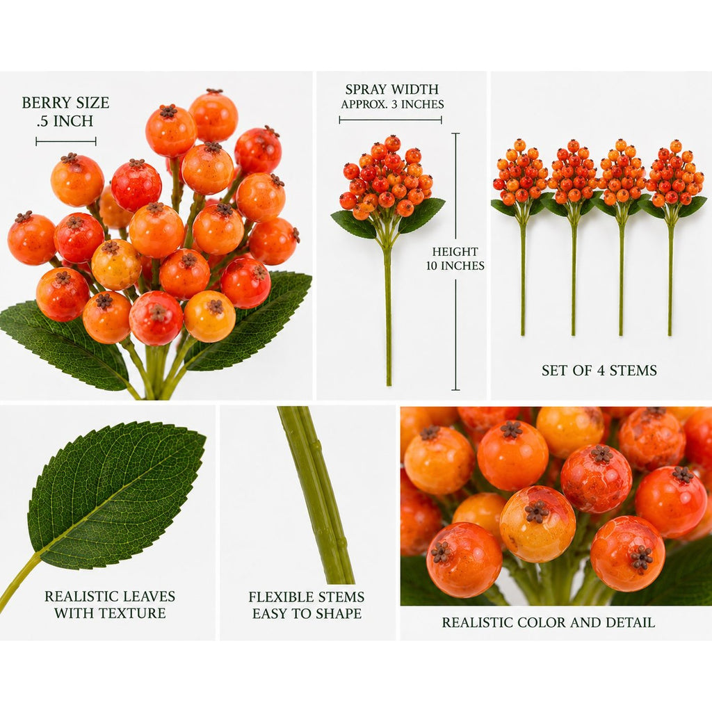 Artificial Orange Berry Stems Set of 4 Faux Fall Berry Picks Autumn Berry Branches Thanksgiving Decor Wreath Supplies Vase Filler