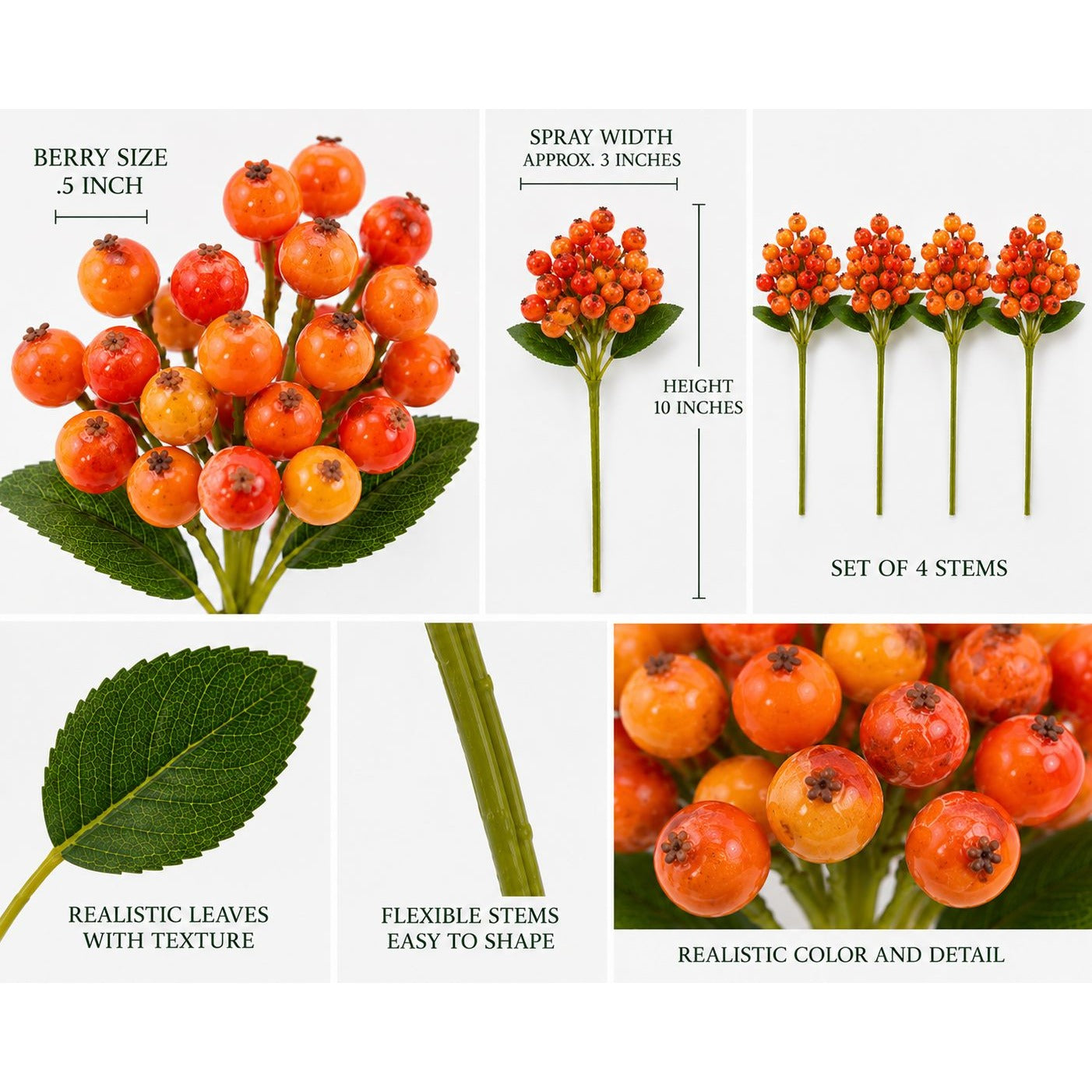 Artificial Orange Berry Stems Set of 4 Faux Fall Berry Picks Autumn Berry Branches Thanksgiving Decor Wreath Supplies Vase Filler