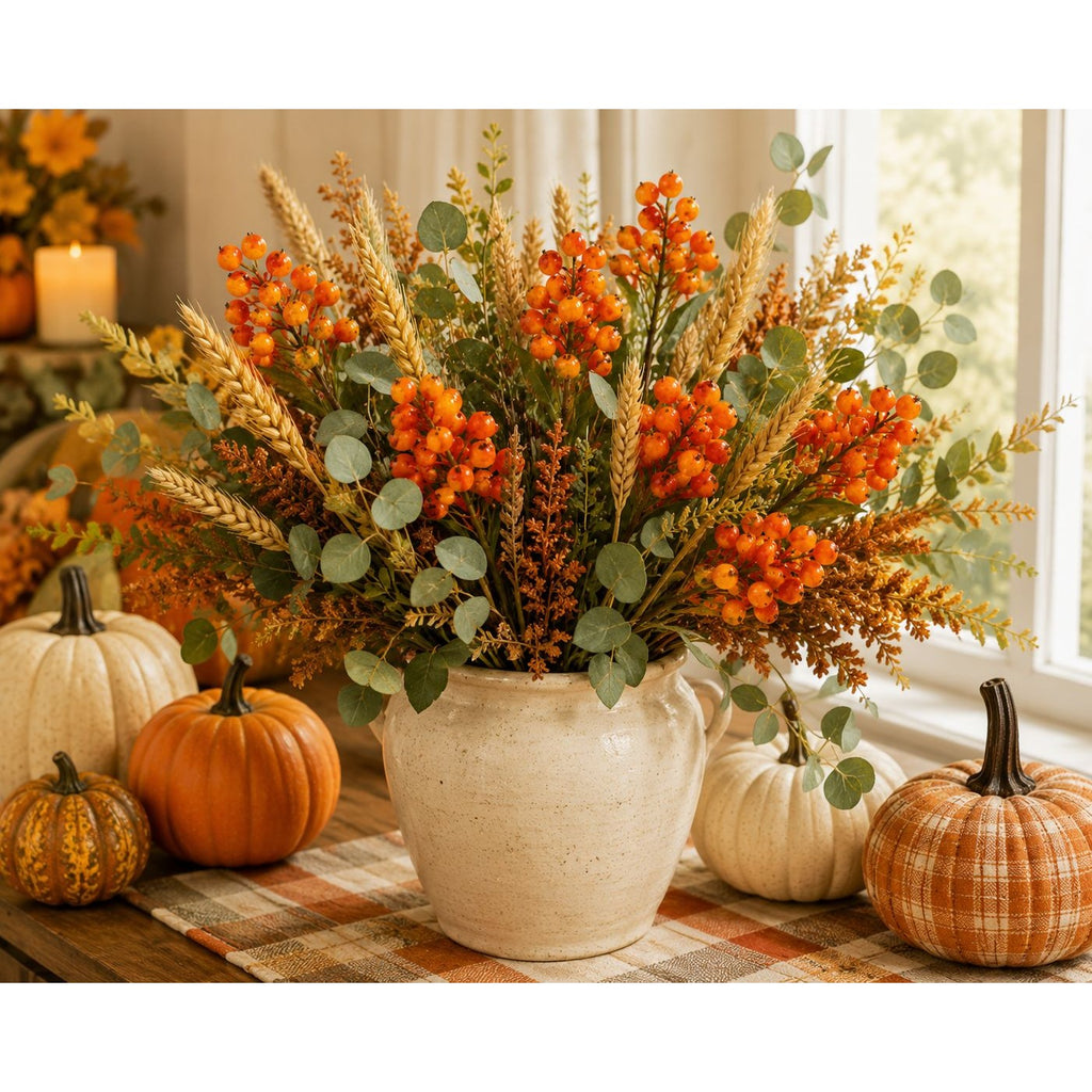 Artificial Orange Berry Stems Set of 4 Faux Fall Berry Picks Autumn Berry Branches Thanksgiving Decor Wreath Supplies Vase Filler