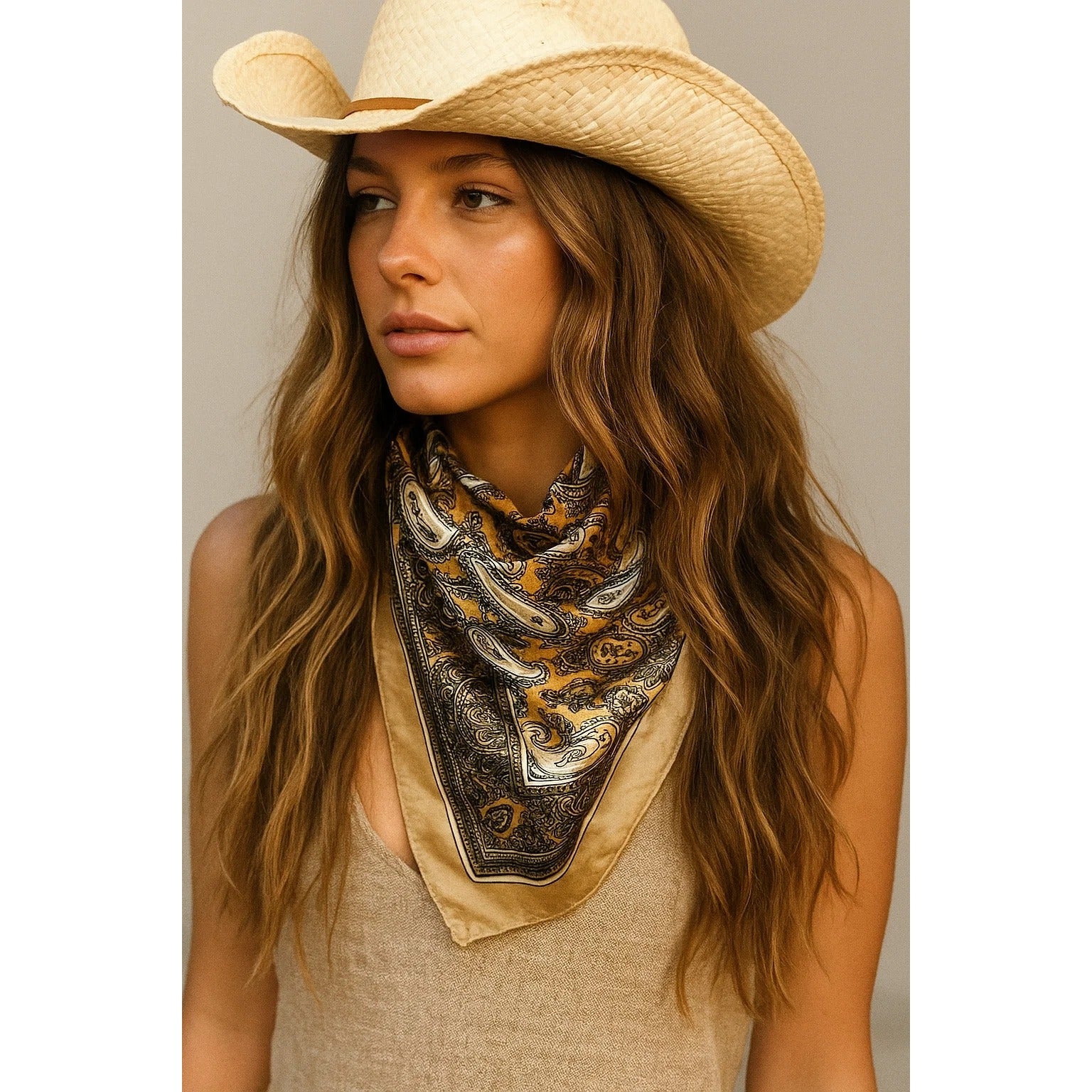 Gold Black Paisley Wild Rag Satin Scarf Western Scarf Cowgirl Bandana Square Neck Scarf