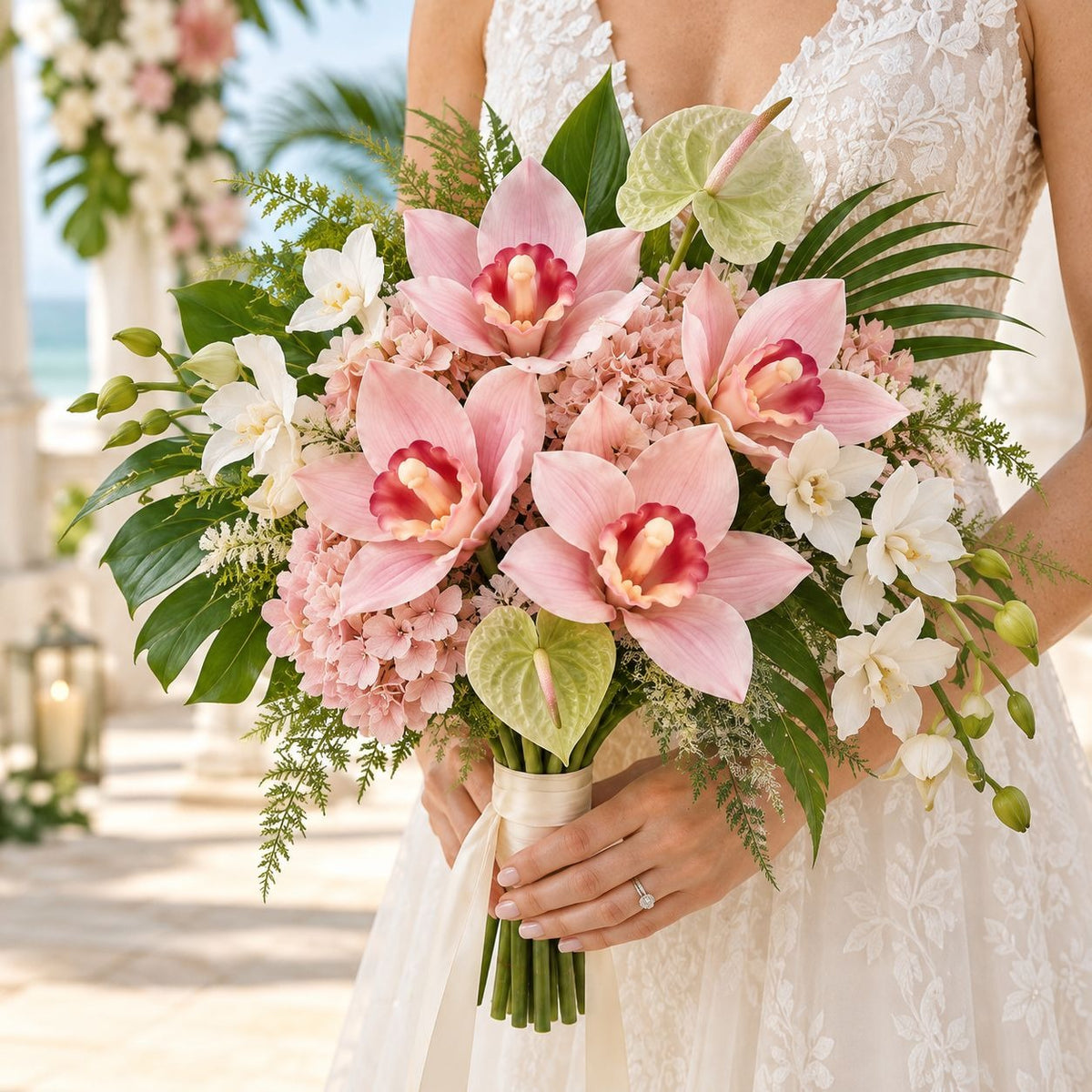 Blush Pink Real Touch Cymbidium Orchid Stems, Set of 5 Faux Flowers