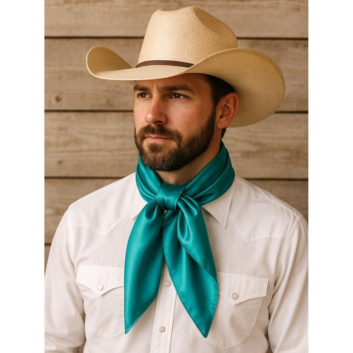 Man wearing a cowboy hat and teal neckerchief against a wooden background