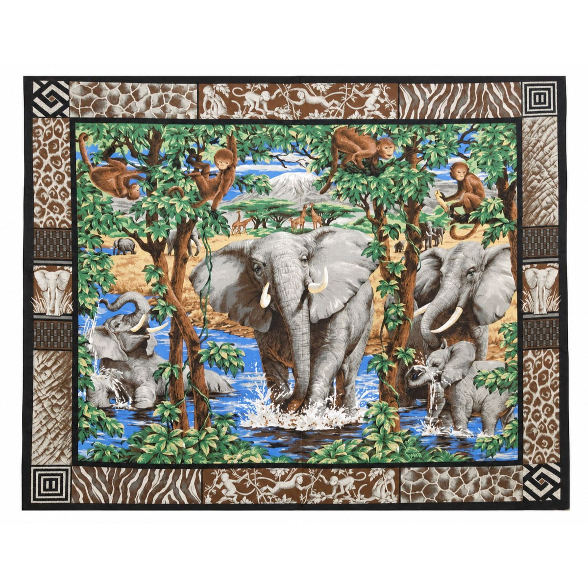 Vintage Elephant Safari Cotton Fabric Panel 35.5 x 44 #9304