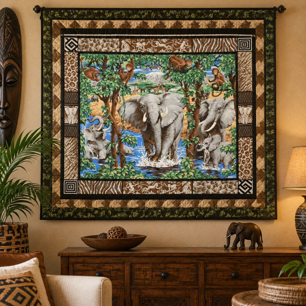 Vintage Elephant Safari Cotton Fabric Panel 35.5 x 44 #9304