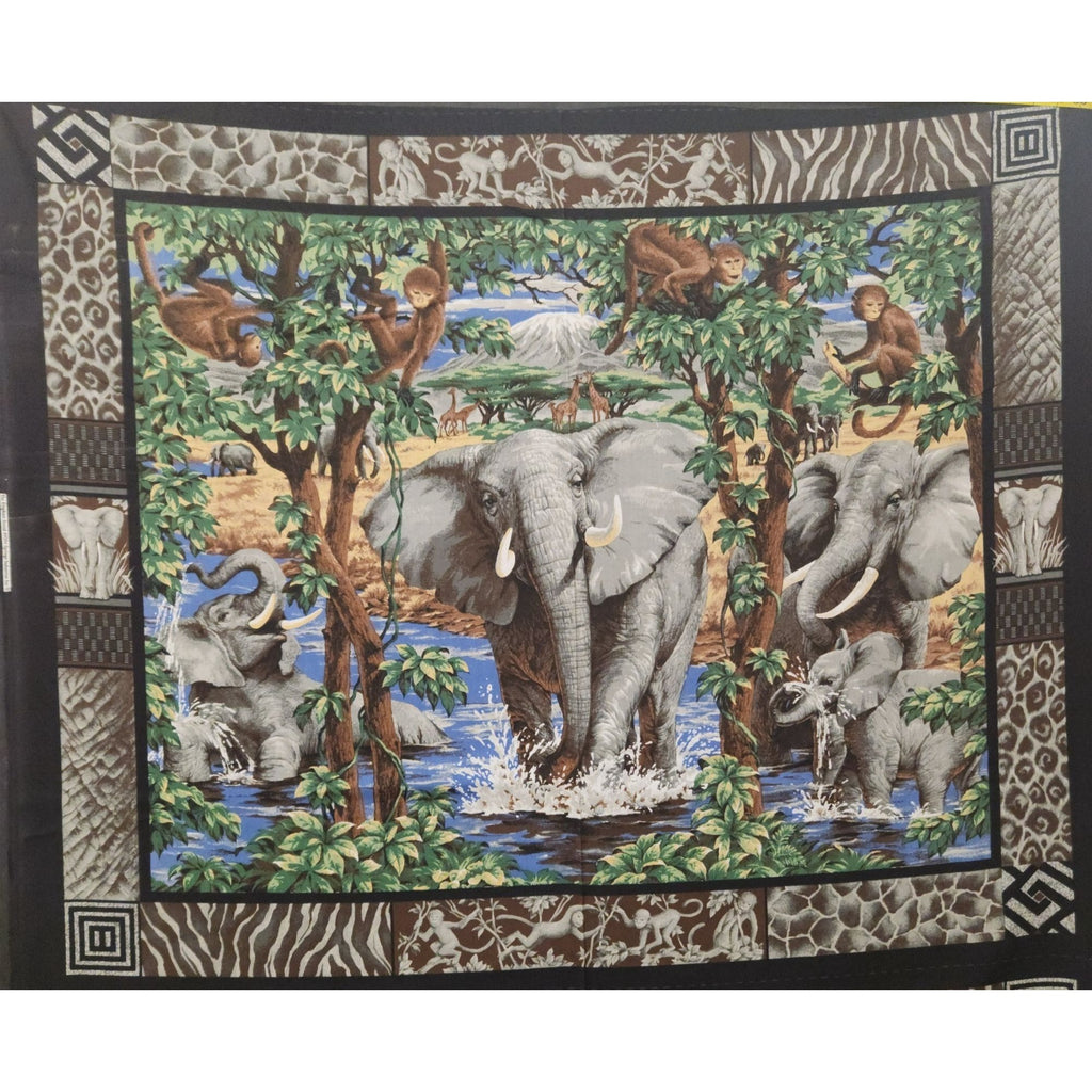 Vintage Elephant Safari Cotton Fabric Panel 35.5 x 44 #9304