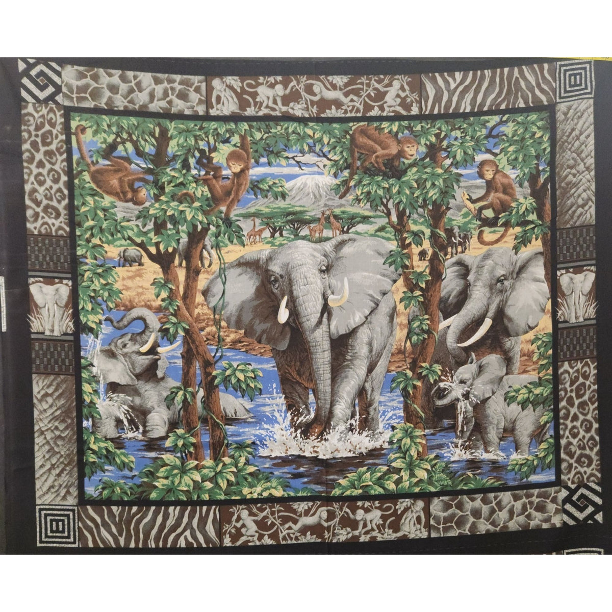 Vintage Elephant Safari Cotton Fabric Panel 35.5 x 44 #9304