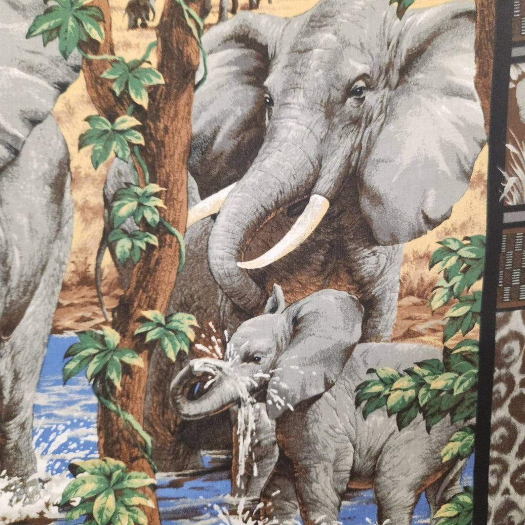 Vintage Elephant Safari Cotton Fabric Panel 35.5 x 44 #9304