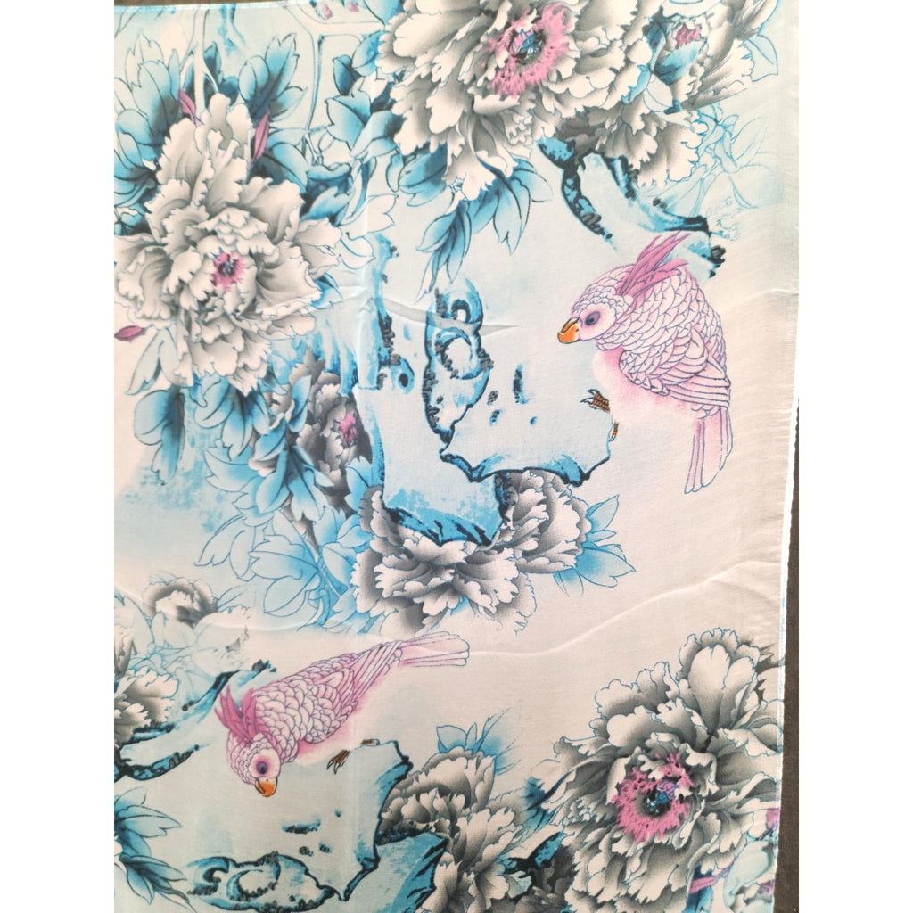 Blue Floral Bird Print Chiffon Scarf – Sheer Lightweight Wrap Shawl 62 x 19 Womens Accessory