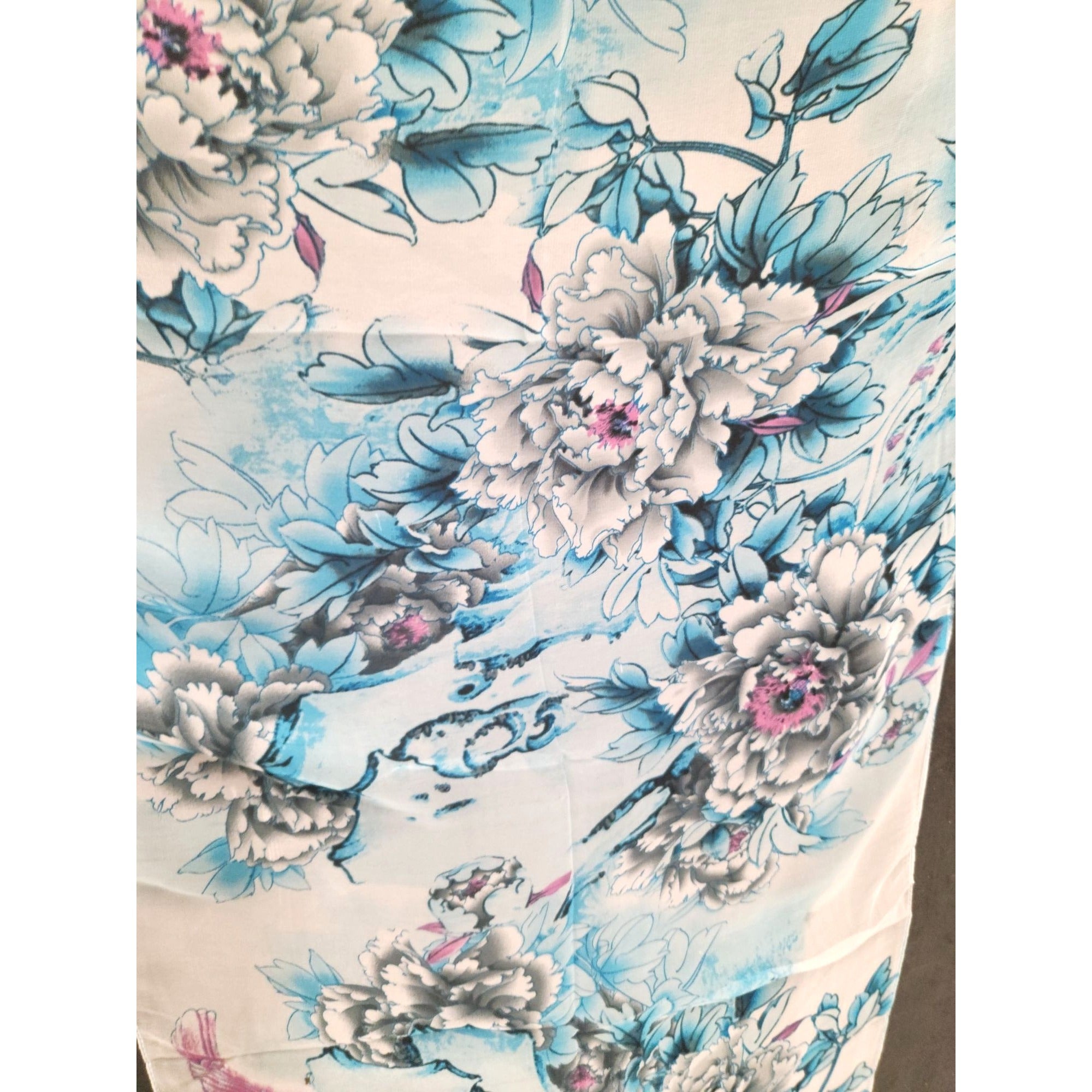 Blue Floral Bird Print Chiffon Scarf – Sheer Lightweight Wrap Shawl 62 x 19 Womens Accessory