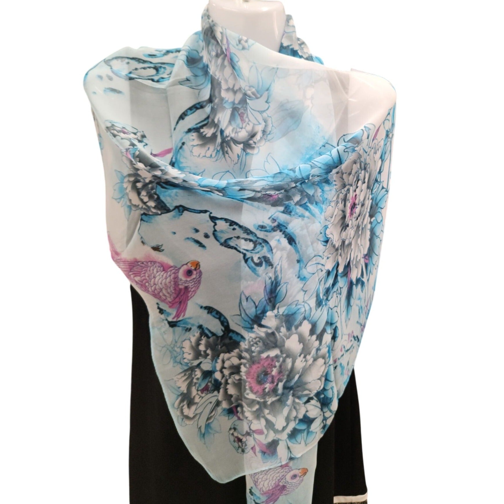 Blue Floral Bird Print Chiffon Scarf – Sheer Lightweight Wrap Shawl 62 x 19 Womens Accessory