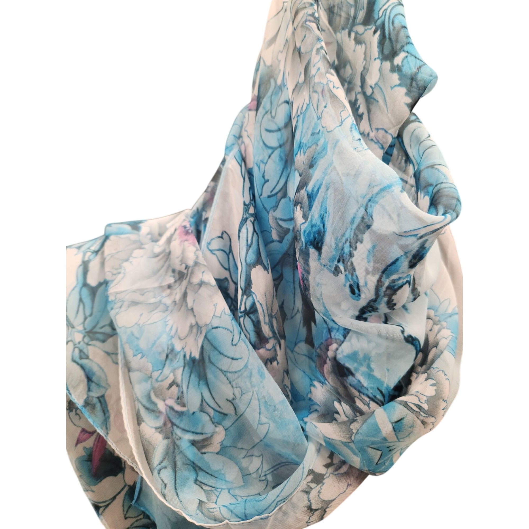 Blue Floral Bird Print Chiffon Scarf – Sheer Lightweight Wrap Shawl 62 x 19 Womens Accessory