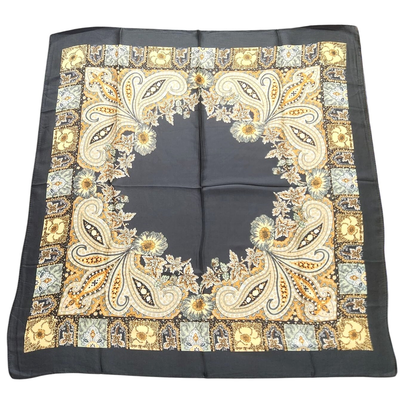 Paisley Floral Silk Scarf 27" Square Black Yellow Mint Accents Hand-Rolled
