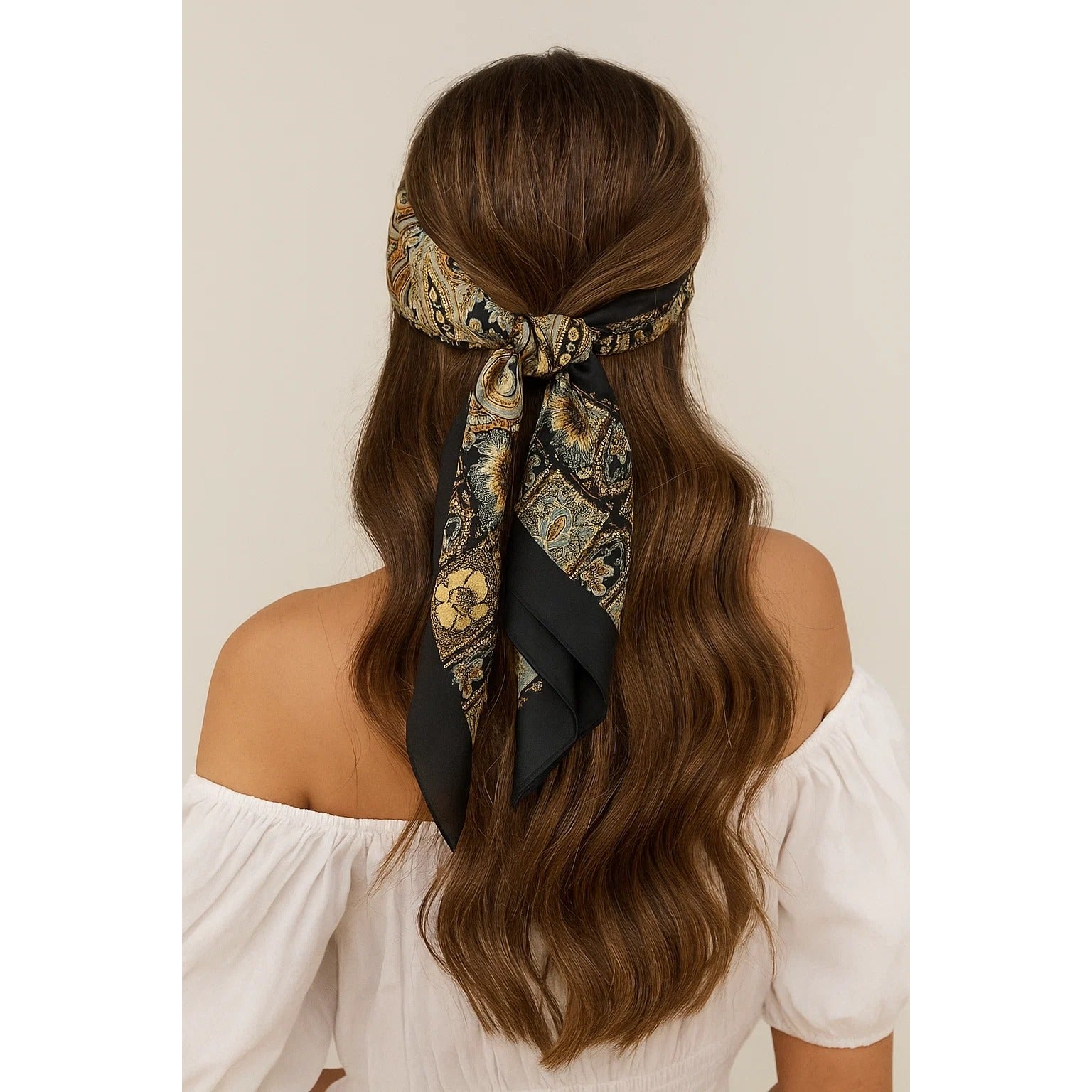 Paisley Floral Silk Scarf 27" Square Black Yellow Mint Accents Hand-Rolled