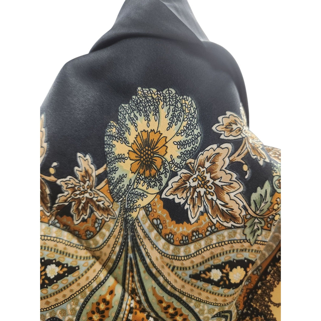 Paisley Floral Silk Scarf 27" Square Black Yellow Mint Accents Hand-Rolled