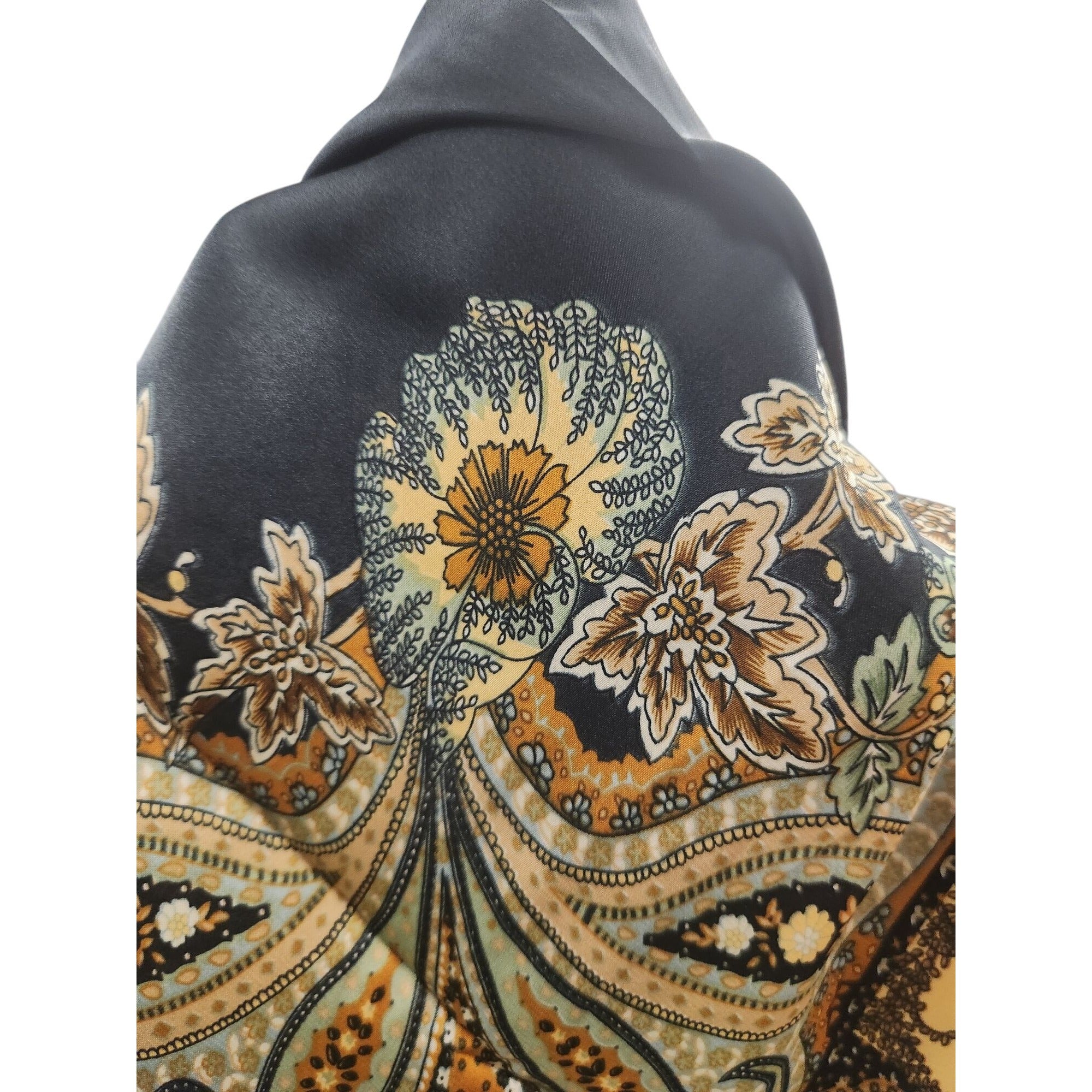 Paisley Floral Silk Scarf 27" Square Black Yellow Mint Accents Hand-Rolled