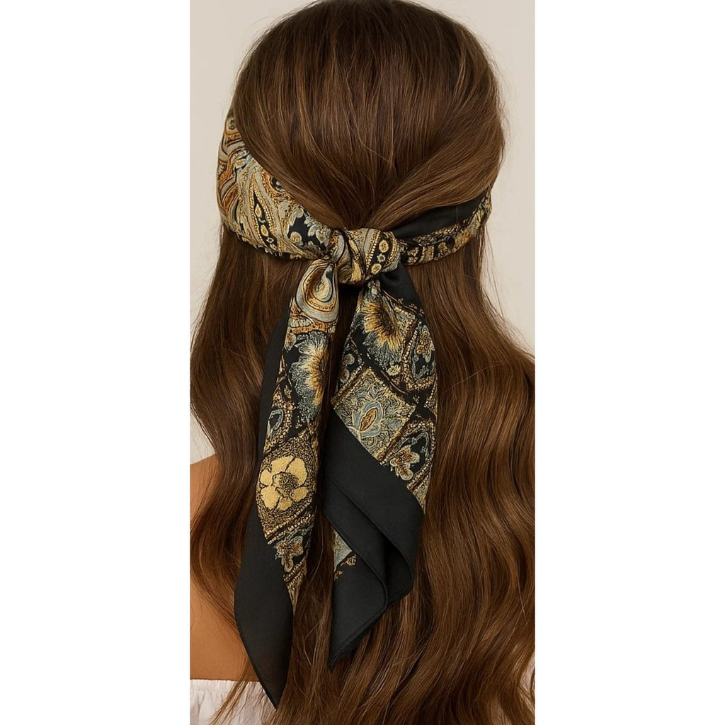 Paisley Floral Silk Scarf 27" Square Black Yellow Mint Accents Hand-Rolled