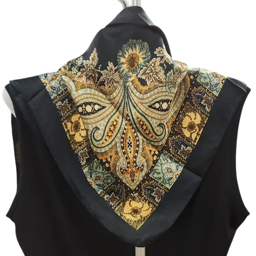 Paisley Floral Silk Scarf 27" Square Black Yellow Mint Accents Hand-Rolled