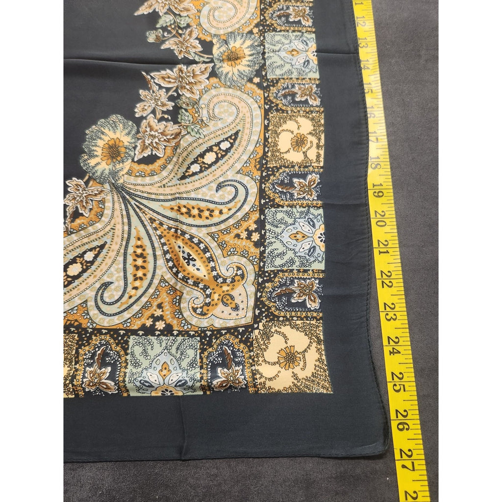 Paisley Floral Silk Scarf 27" Square Black Yellow Mint Accents Hand-Rolled