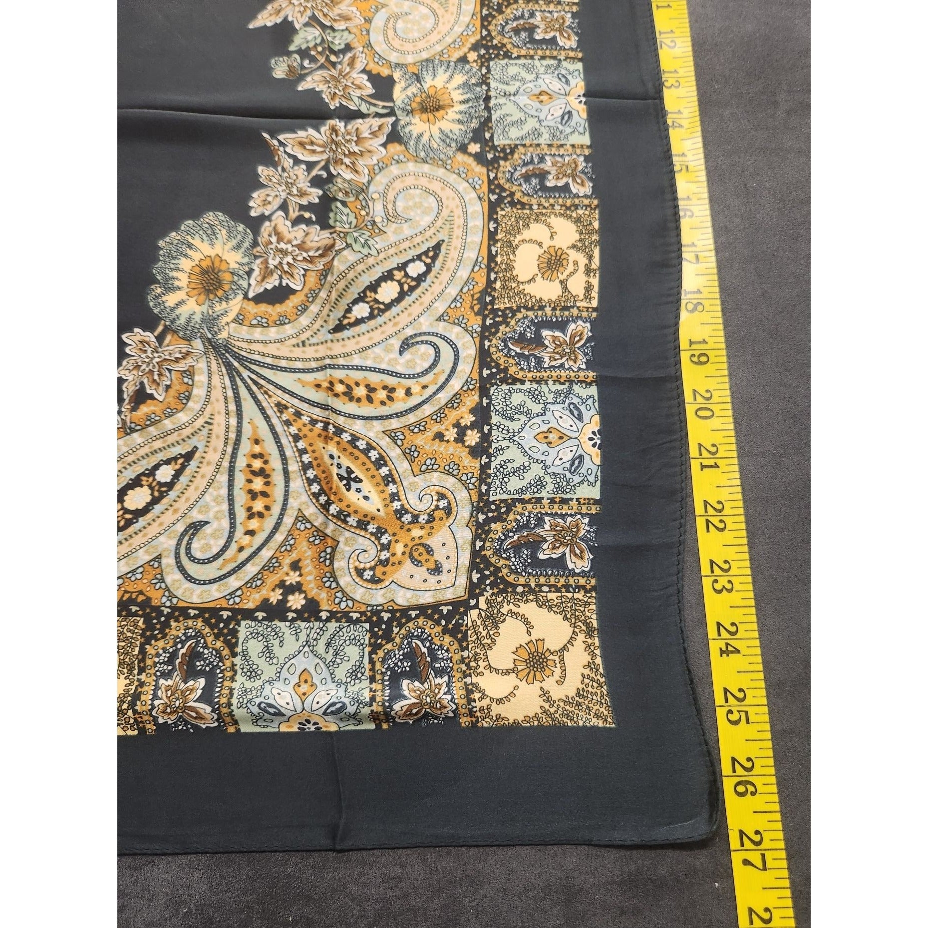 Paisley Floral Silk Scarf 27" Square Black Yellow Mint Accents Hand-Rolled