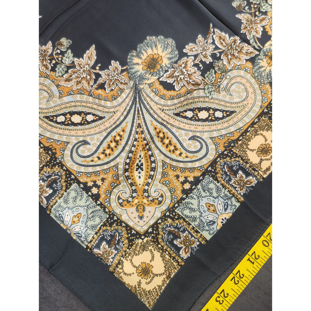 Paisley Floral Silk Scarf 27" Square Black Yellow Mint Accents Hand-Rolled