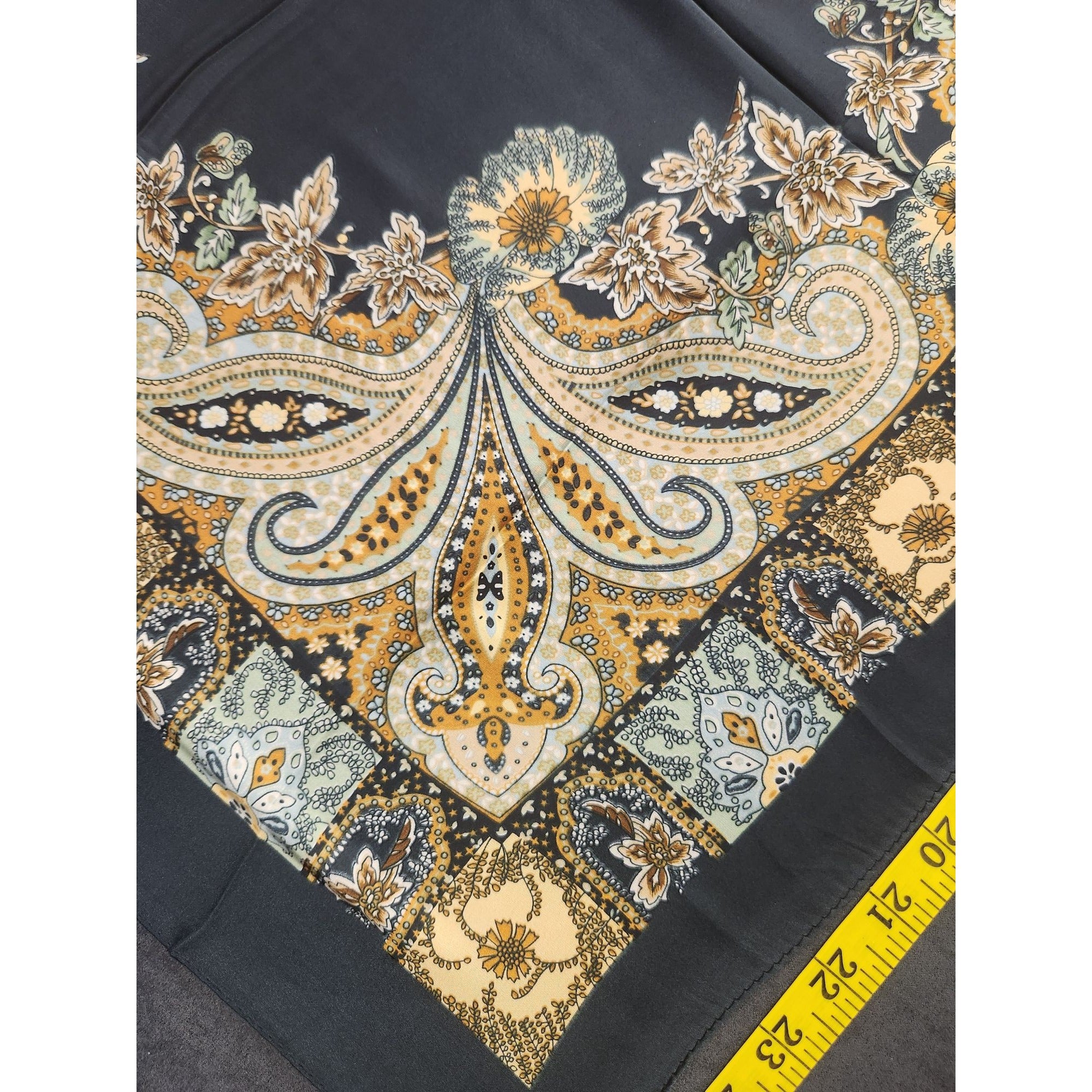 Paisley Floral Silk Scarf 27" Square Black Yellow Mint Accents Hand-Rolled