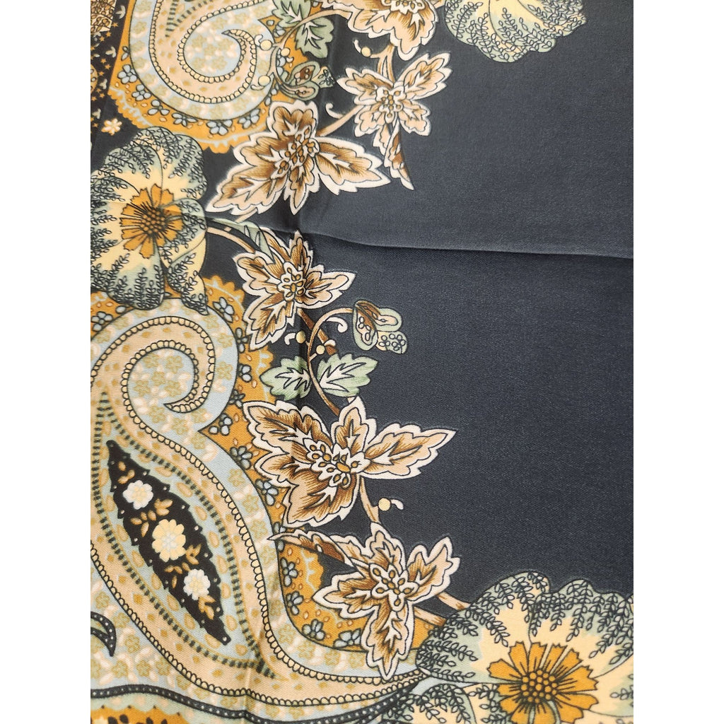 Paisley Floral Silk Scarf 27" Square Black Yellow Mint Accents Hand-Rolled