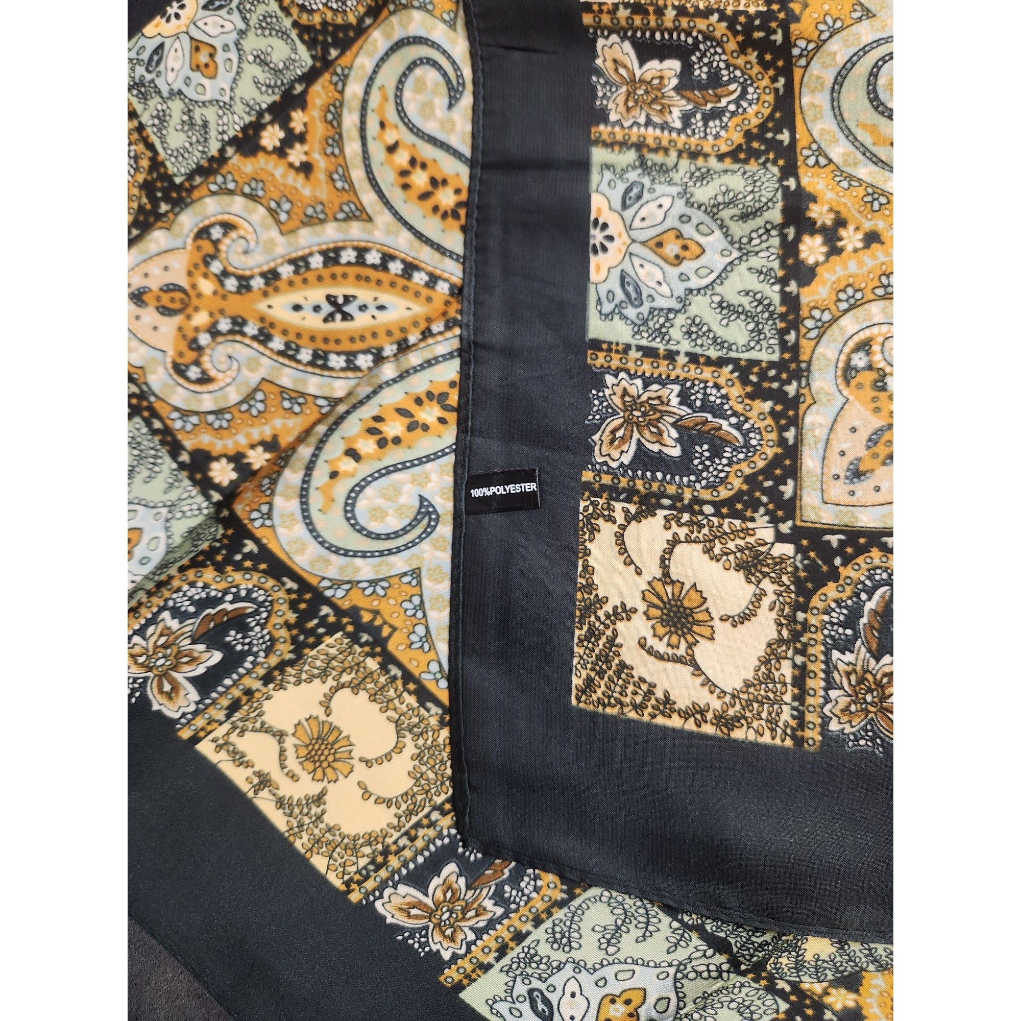Paisley Floral Silk Scarf 27" Square Black Yellow Mint Accents Hand-Rolled