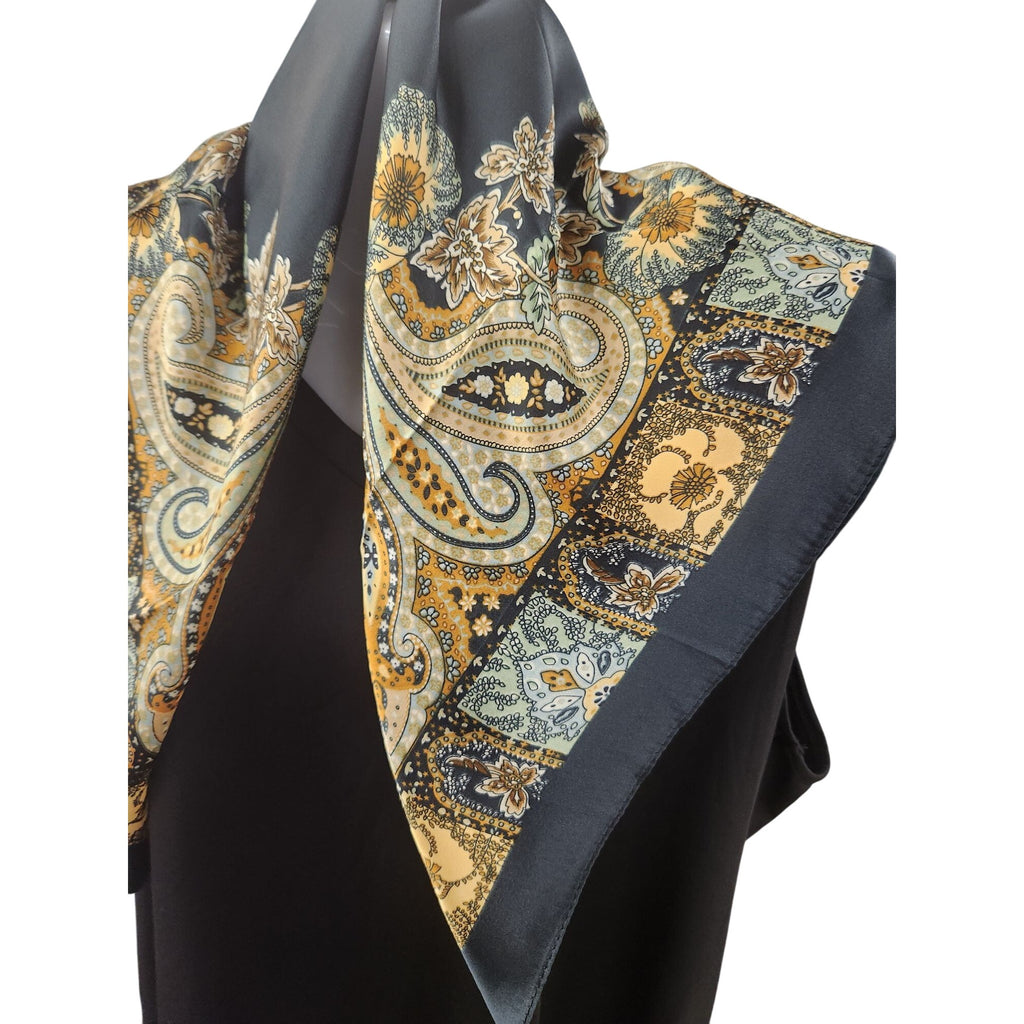 Paisley Floral Silk Scarf 27" Square Black Yellow Mint Accents Hand-Rolled