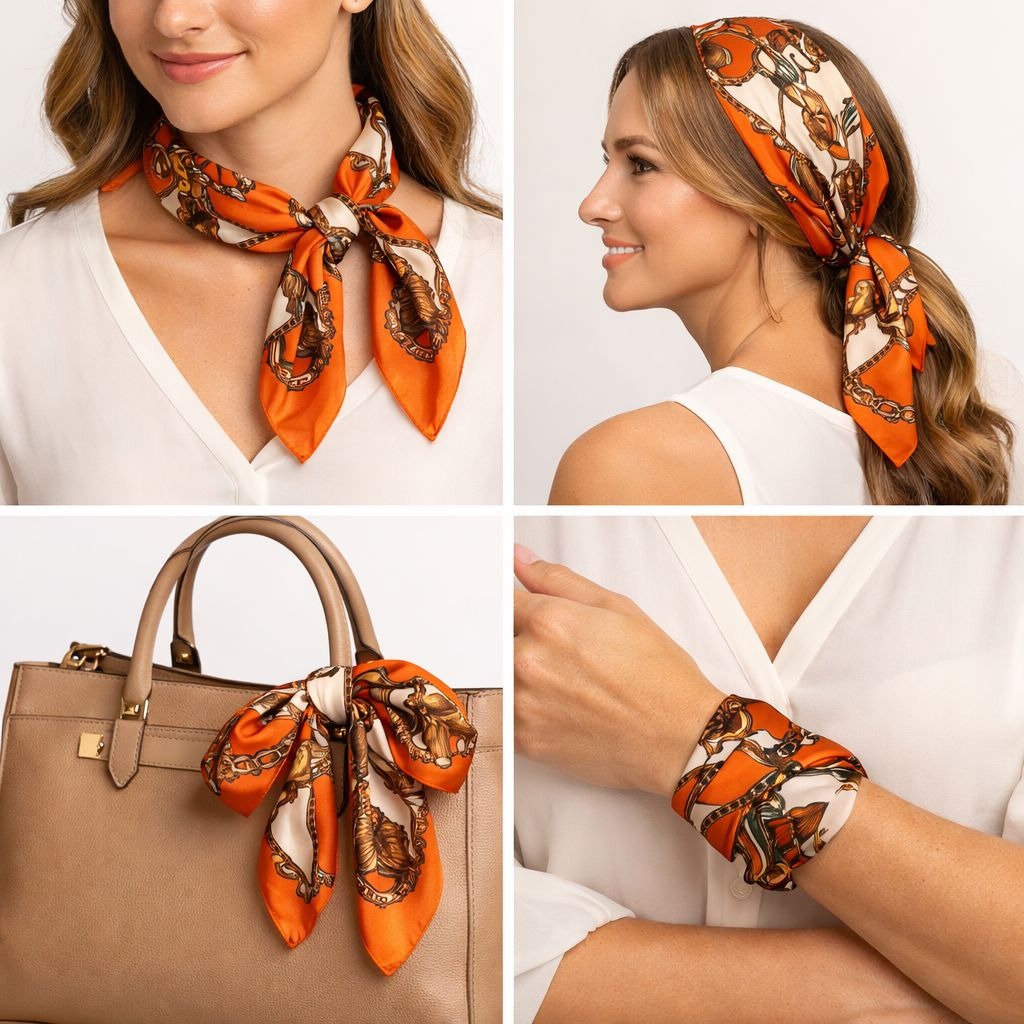 Orange Equestrian Horse & Chain Satin Scarf – 20×20 Square Neck Scarf