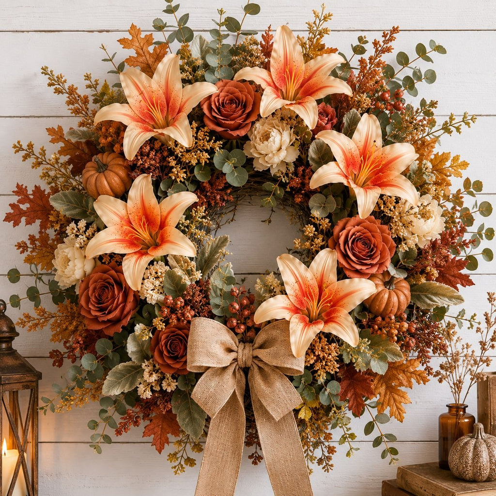 Real Touch Peach Orange Lily Stems Set of 2, Artificial Lily Flowers, Faux Floral Stems, Peach Lily Spray, Fall Floral Decor, French Country