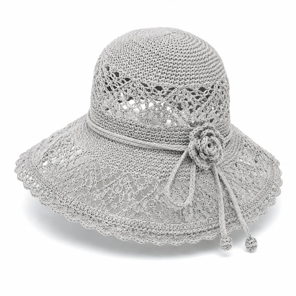 Light Gray Wide Brim Sun Hat Foldable Travel Beach Hat Adjustable Chin Strap Garden Resort Hat