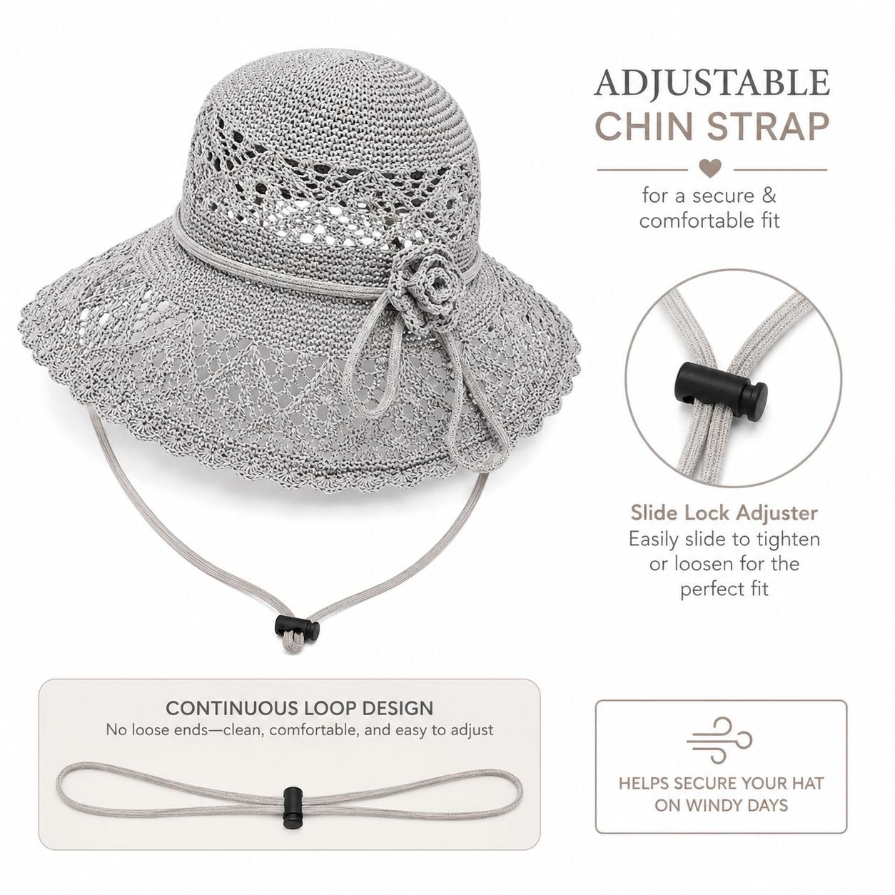 Light Gray Wide Brim Sun Hat Foldable Travel Beach Hat Adjustable Chin Strap Garden Resort Hat